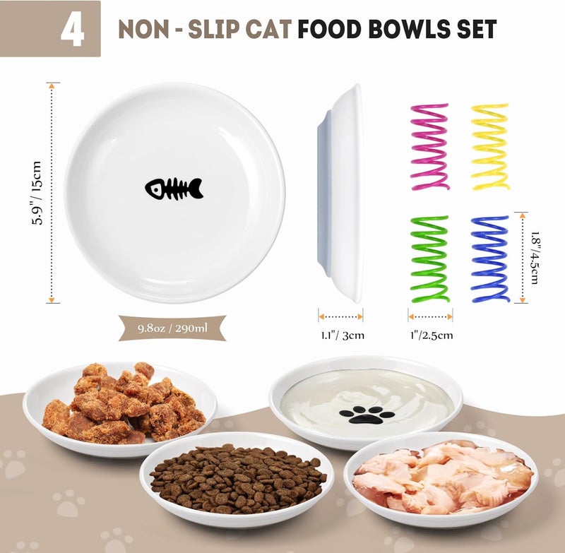 YEAHGO Ceramic Cat Food Bowls for Indoor Cats and Kitten, 4 Cute Cat Feeding Bowls Shallow Whisker Relief Dishes for Cats, 5.9" Wide Pet Plates for Wet & Dry Food and Water, Non-Slip Base, with 4 Spring Toys - Image 2
